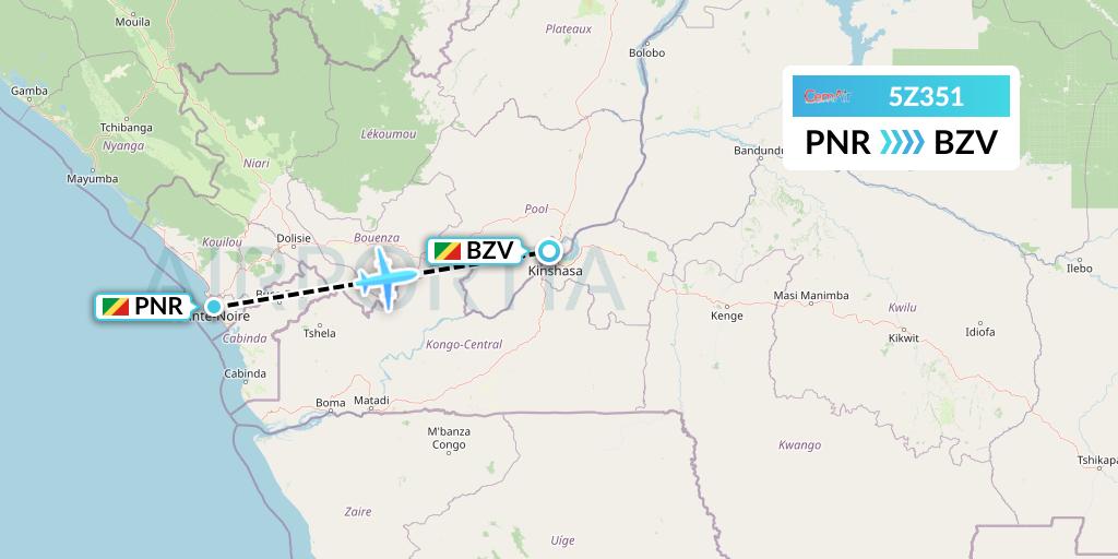 5Z351 CemAir Flight Map: Pointe Noire to Brazzaville