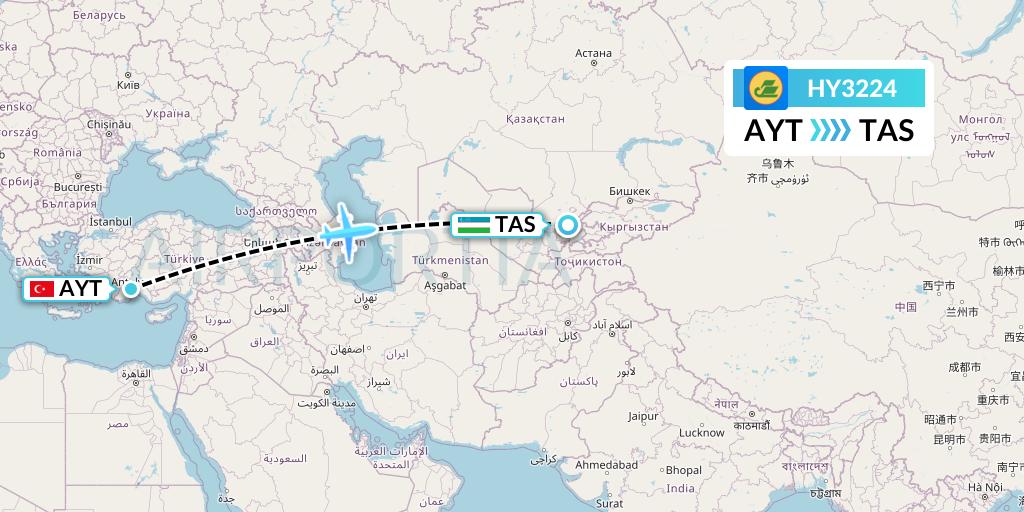 HY3224 Uzbekistan Airways Flight Map: Antalya to Tashkent