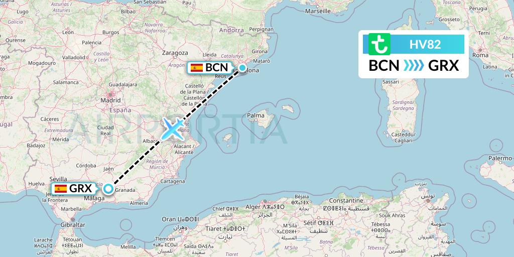 HV82 Transavia Flight Map: Barcelona to Granada