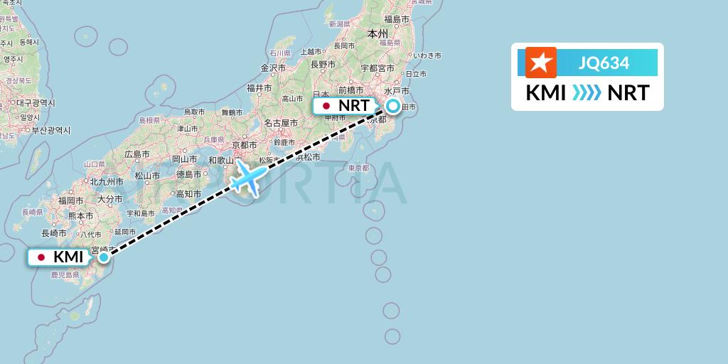 JQ634 Jetstar Airways Flight Map: Miyazaki to Tokyo