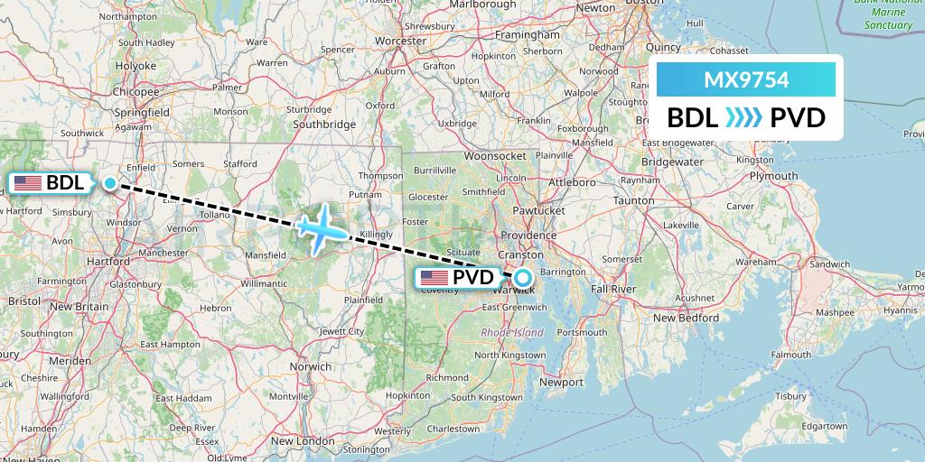 MX9754 Breeze Airways Flight Map: Windsor Locks to Providence