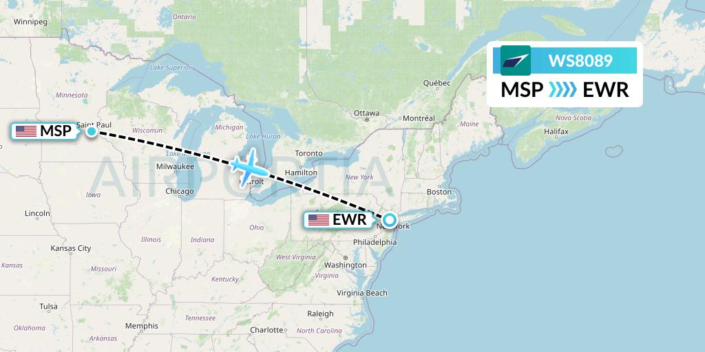 WS8089 WestJet Flight Map: Minneapolis to New York