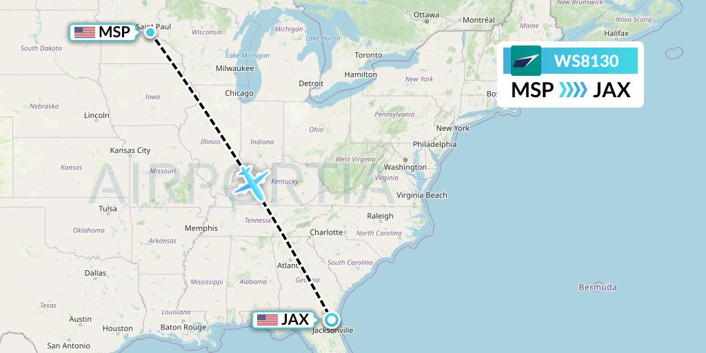 WS8130 WestJet Flight Map: Minneapolis to Jacksonville