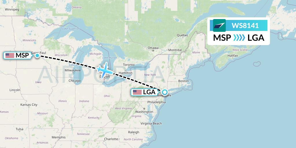 WS8141 WestJet Flight Map: Minneapolis to New York
