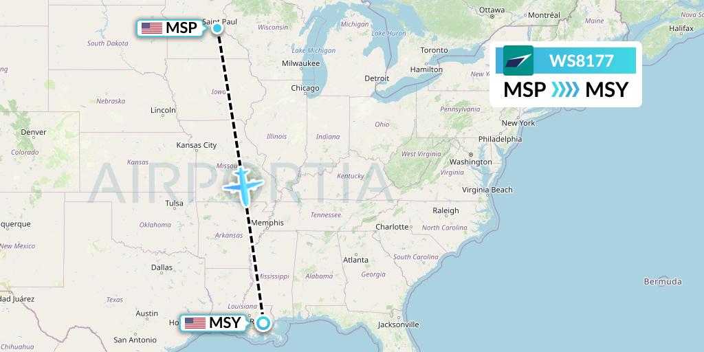 WS8177 WestJet Flight Map: Minneapolis to New Orleans