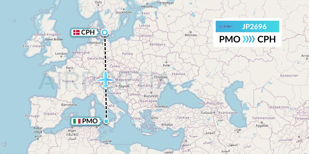 JP2696 Adria Airways Flight Map: Palermo to Copenhagen