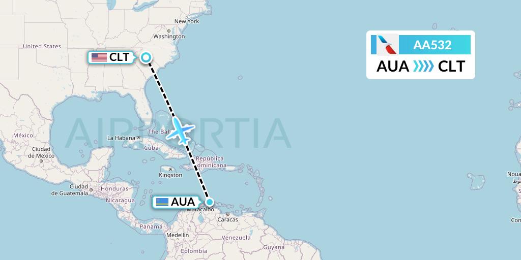 AA532 American Airlines Flight Map: Oranjestad to Charlotte