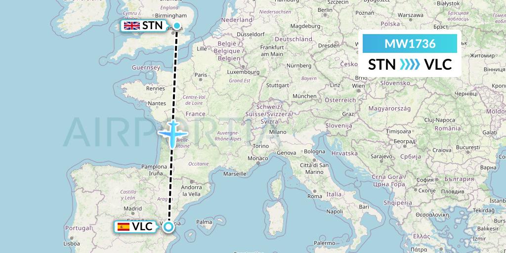 MW1736 Mokulele Flight Service Flight Map: London to Valencia