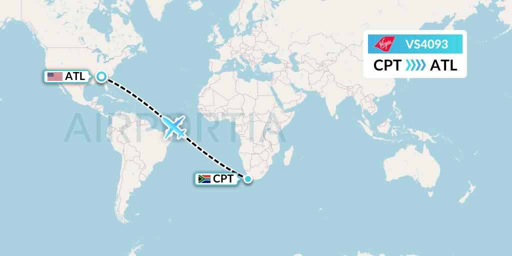 VS4093 Virgin Atlantic Airways Flight Map: Cape Town to Atlanta