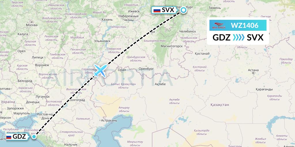 WZ1406 Red Wings Flight Map: Gelendzhik to Yekaterinburg