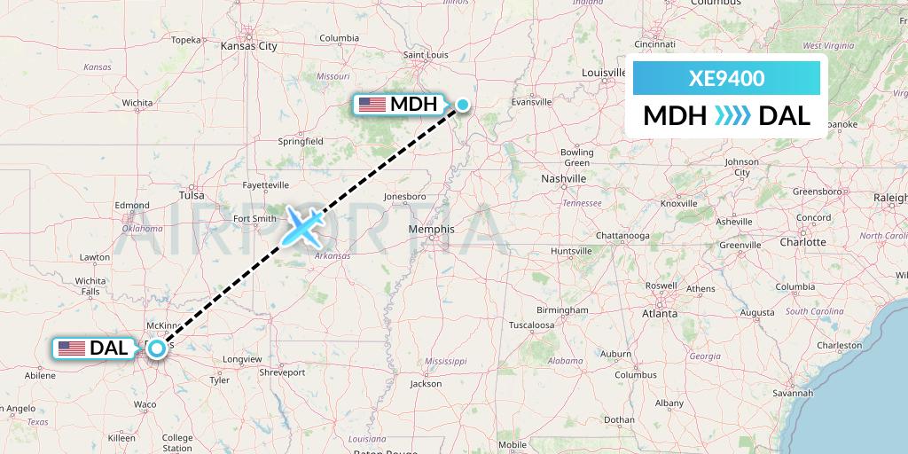 XE9400 Jsx Flight Map: Carbondale-Murphysboro to Dallas