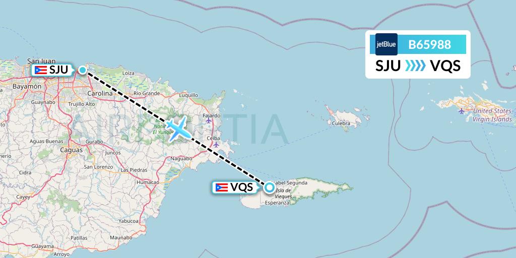 B65988 JetBlue Airways Flight Map: San Juan to Vieques