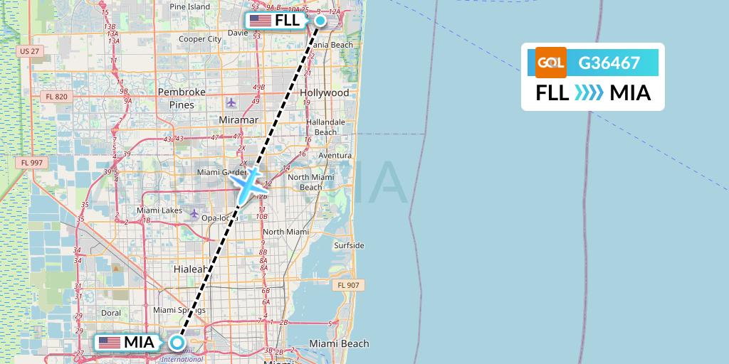 G36467 GOL Transportes Aeros Flight Map: Fort Lauderdale to Miami