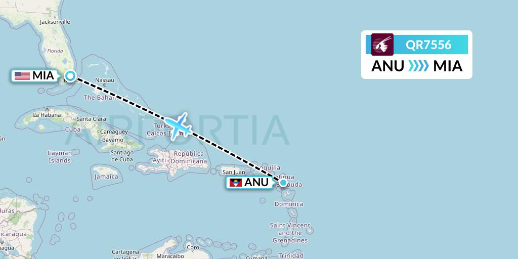 QR7556 Qatar Airways Flight Map: Antigua to Miami