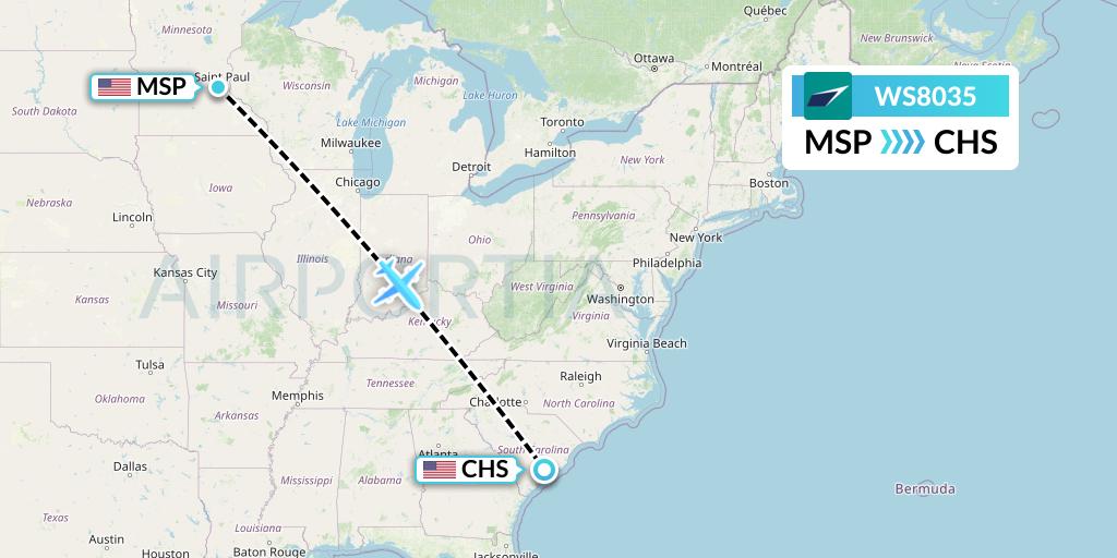 WS8035 WestJet Flight Map: Minneapolis to Charleston