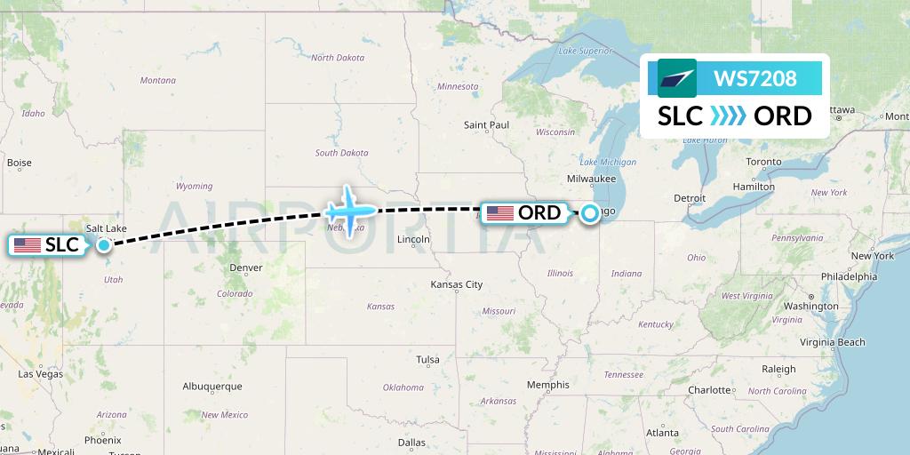 WS7208 WestJet Flight Map: Salt Lake City to Chicago