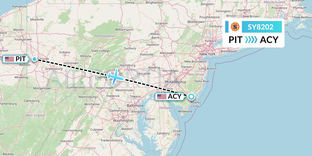 SY8202 Sun Country Airlines Flight Map: Pittsburgh to Atlantic City