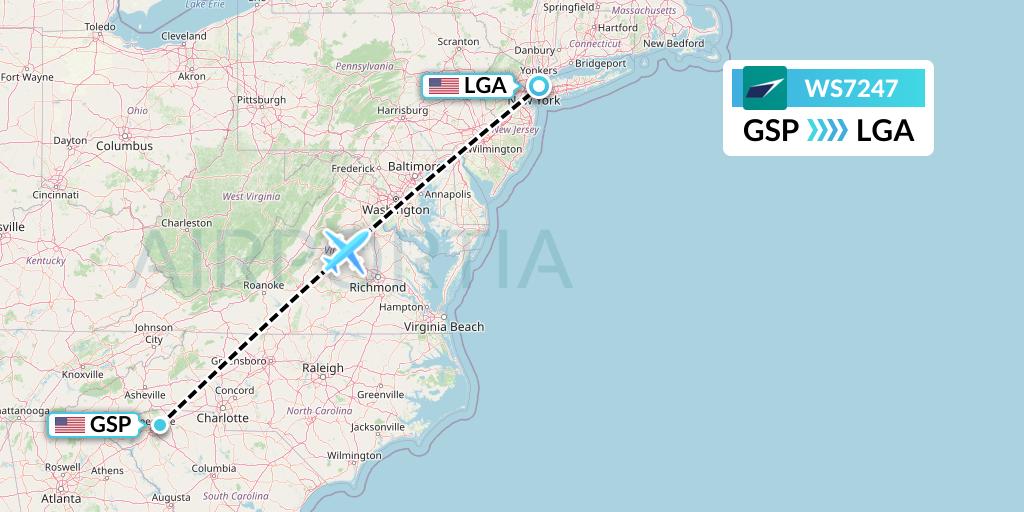WS7247 WestJet Flight Map: Greenville-Spartanburg to New York