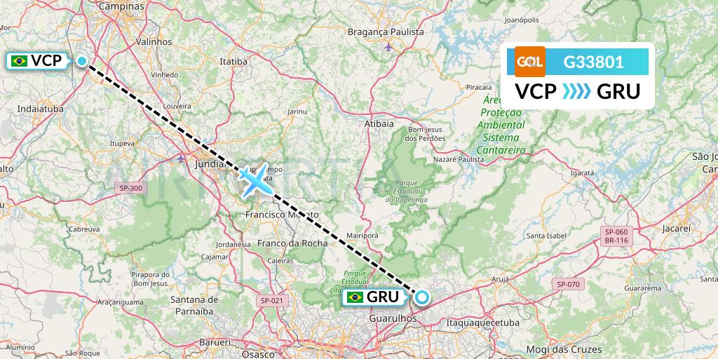G33801 GOL Transportes Aeros Flight Map: Campinas to Sao Paulo