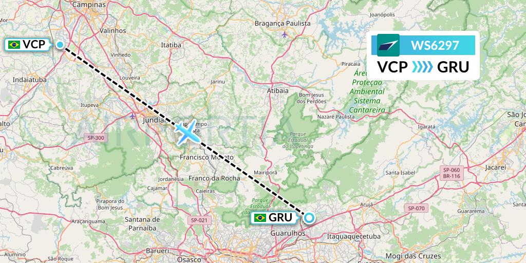 WS6297 WestJet Flight Map: Campinas to Sao Paulo