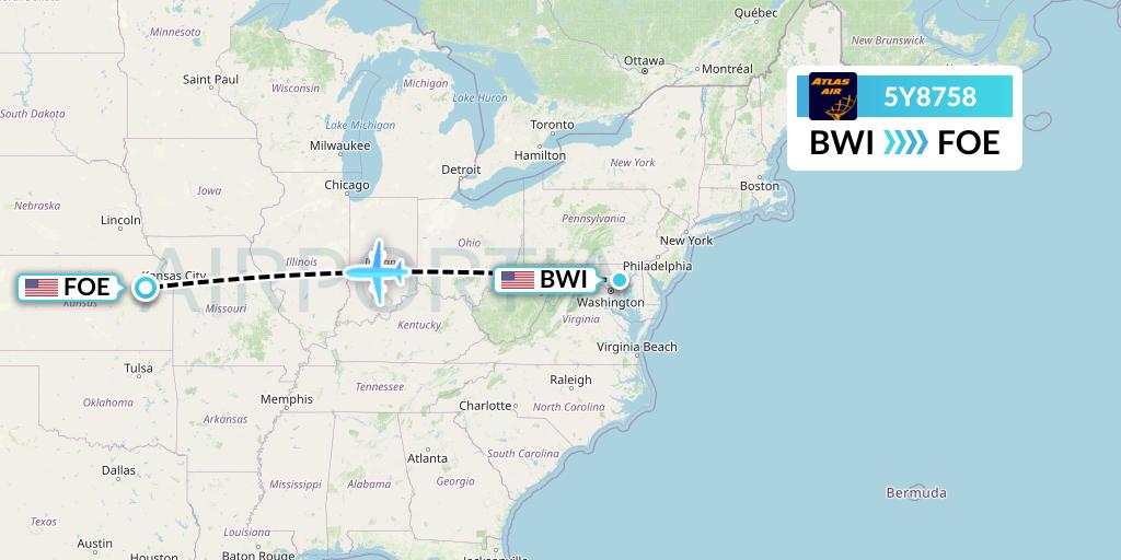 5Y8758 Atlas Air Flight Map: Baltimore to Topeka