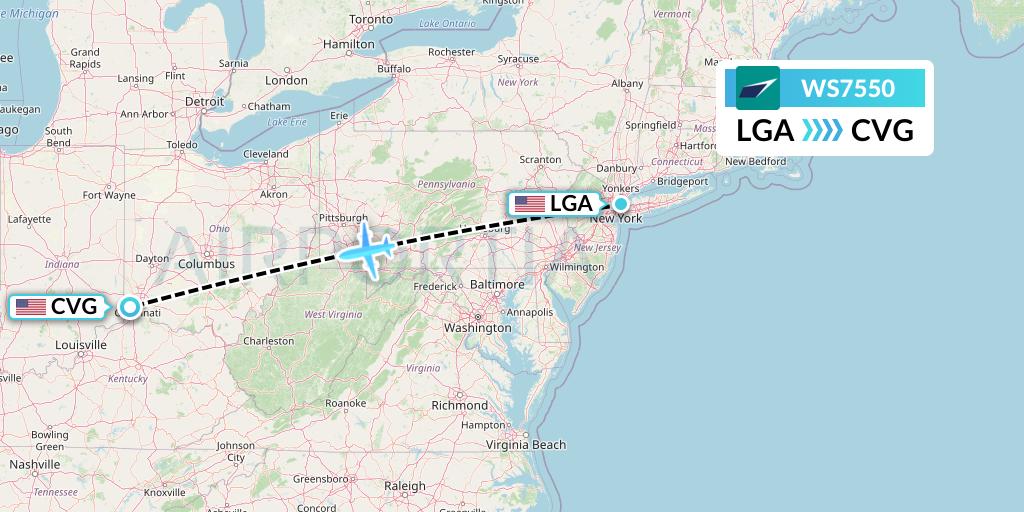 WS7550 WestJet Flight Map: New York to Cincinnati