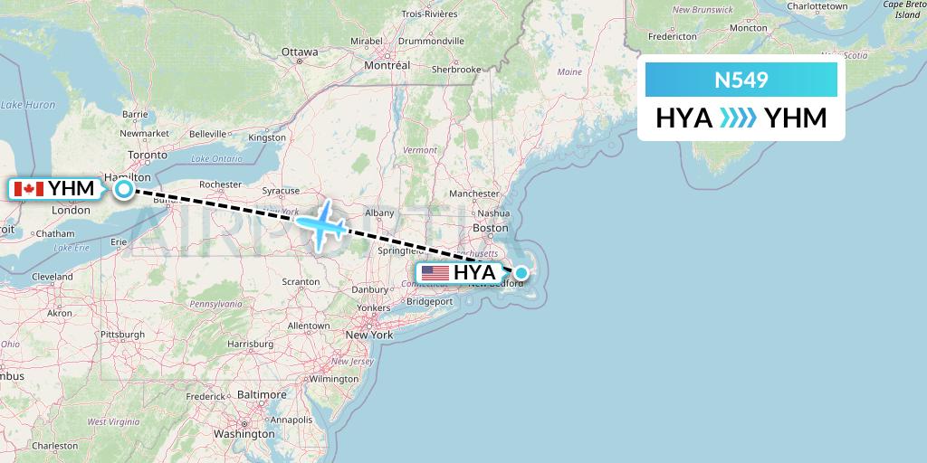 N549 Nolinor Aviation Flight Map: Hyannis to Hamilton