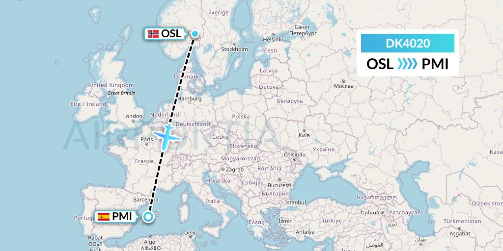 DK4020 Thomas Cook Airlines Scandinavia Flight Map: Oslo to Palma de Mallorca