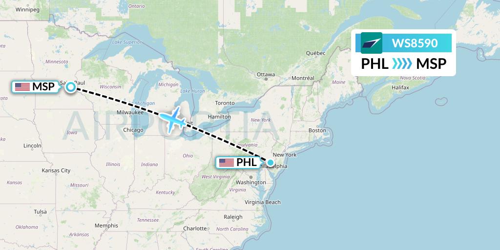 WS8590 WestJet Flight Map: Philadelphia to Minneapolis