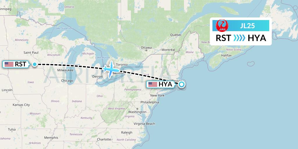 JL25 Japan Airlines Flight Map: Rochester to Hyannis