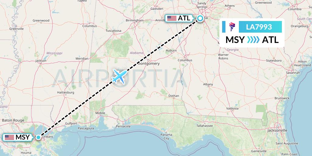 LA7993 LAN Airlines Flight Map: New Orleans to Atlanta