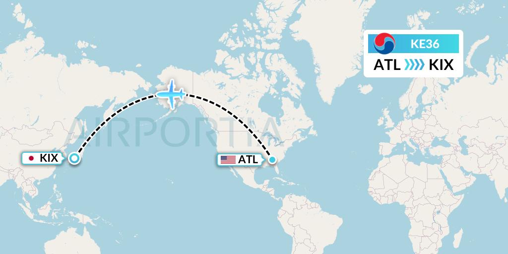 KE36 Korean Air Flight Map: Atlanta to Osaka