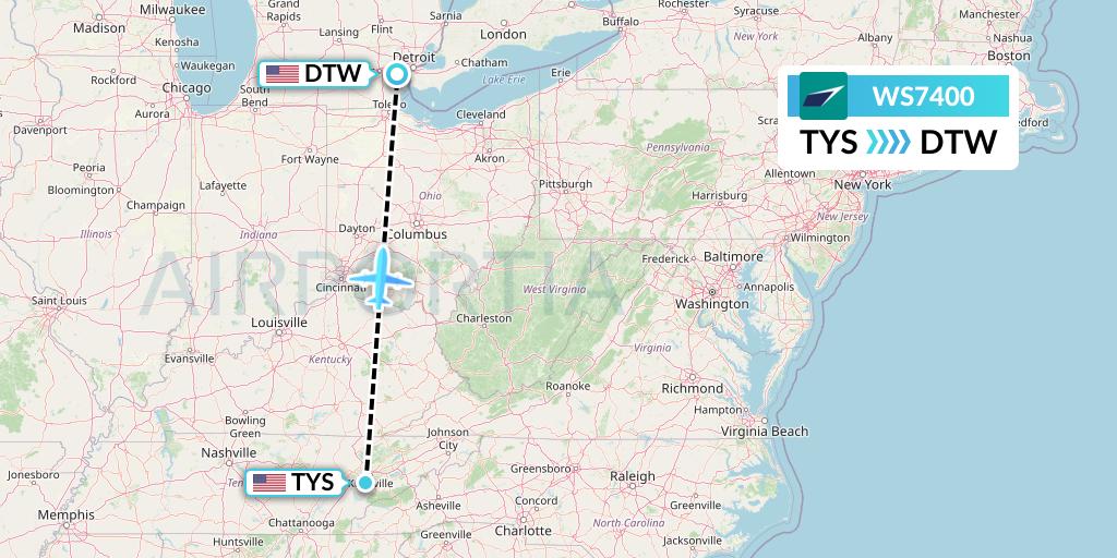 WS7400 WestJet Flight Map: Knoxville to Detroit