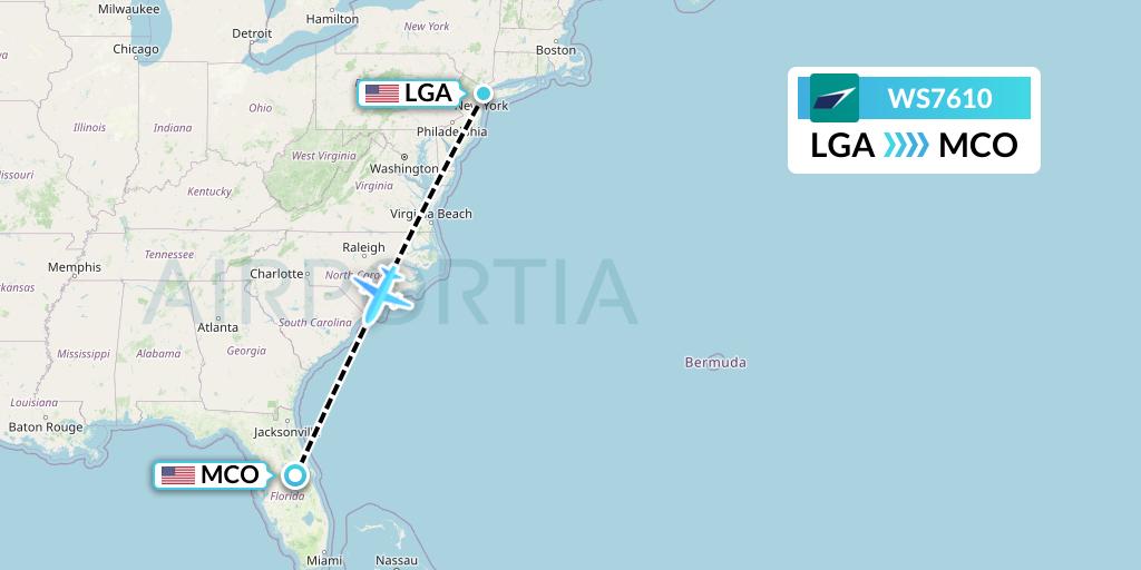 WS7610 WestJet Flight Map: New York to Orlando