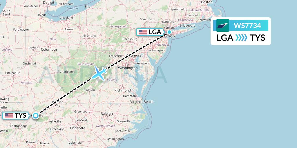 WS7734 WestJet Flight Map: New York to Knoxville