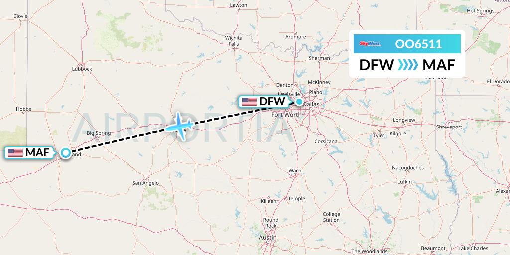 OO6511 SkyWest Airlines Flight Map: Dallas to Midland