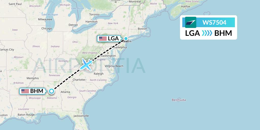 WS7504 WestJet Flight Map: New York to Birmingham