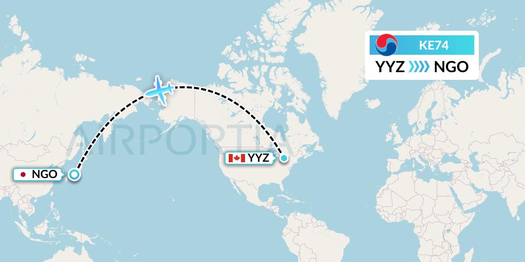 KE74 Korean Air Flight Map: Toronto to Nagoya