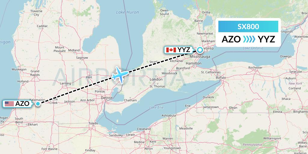 SX800 Flygta Airlines Flight Map: Kalamazoo to Toronto