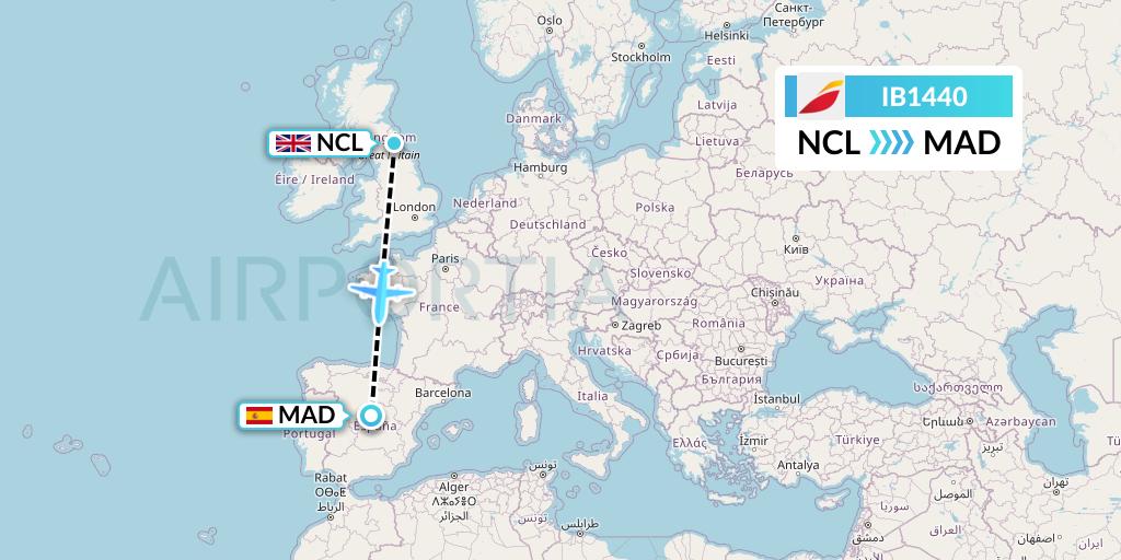 IB1440 Iberia Flight Map: Newcastle to Madrid