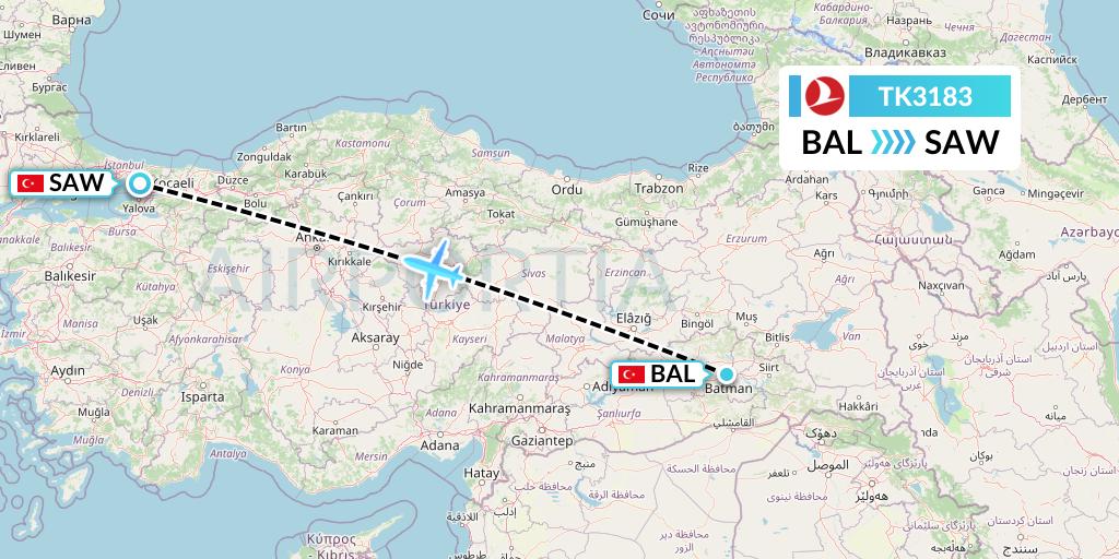 TK3183 Turkish Airlines Flight Map: Batman to Istanbul