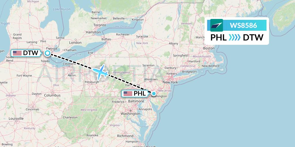 WS8586 WestJet Flight Map: Philadelphia to Detroit
