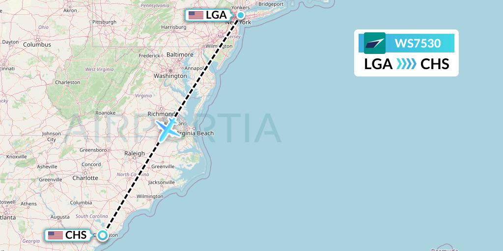 WS7530 WestJet Flight Map: New York to Charleston