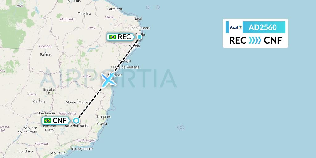 AD2560 Azul Brazilian Airlines Flight Map: Recife to Belo Horizonte