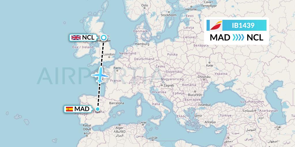 IB1439 Iberia Flight Map: Madrid to Newcastle