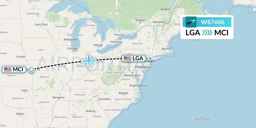 WS7606 WestJet Flight Map: New York to Kansas City