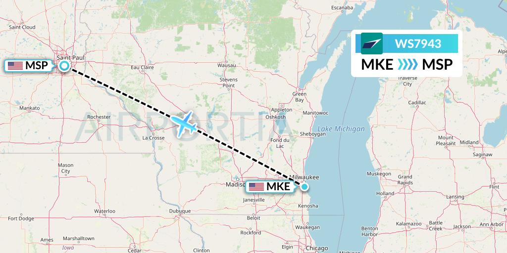 WS7943 WestJet Flight Map: Milwaukee to Minneapolis