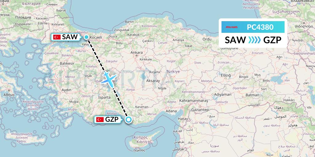 PC4380 Pegasus Airlines Flight Map: Istanbul to Gazipasa