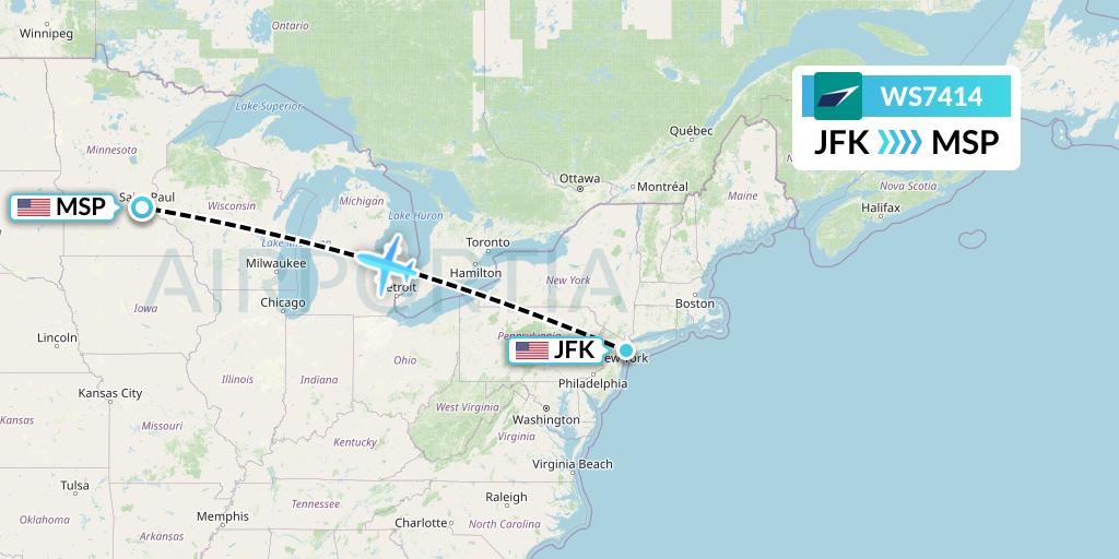 WS7414 WestJet Flight Map: New York to Minneapolis
