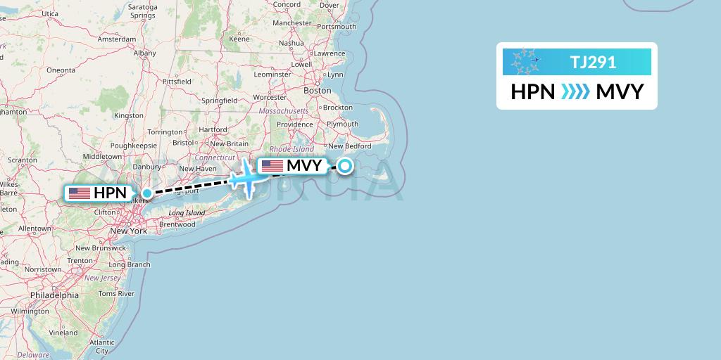 TJ291 Tradewind Aviation Flight Map: White Plains to Martha's Vineyard